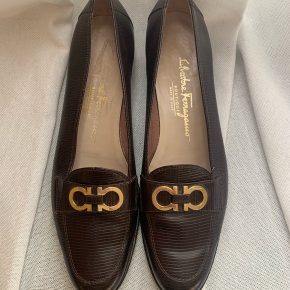 Salvatore Ferragamo | Dark Brown Croc Loafer with Gold Buckle - Picture 2 of 5